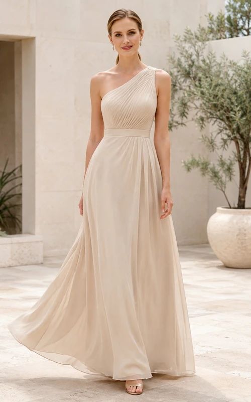 Elegante vestido de noche largo hasta el suelo, de gasa, corte A, asimétrico, color champán, con un solo hombro y sin mangas.