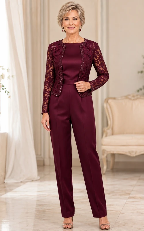 Burgunderfarbener Jumpsuit von Mother mit Satin-Top mit Rundhalsausschnitt, Spitzenjacke und gerader Hose
