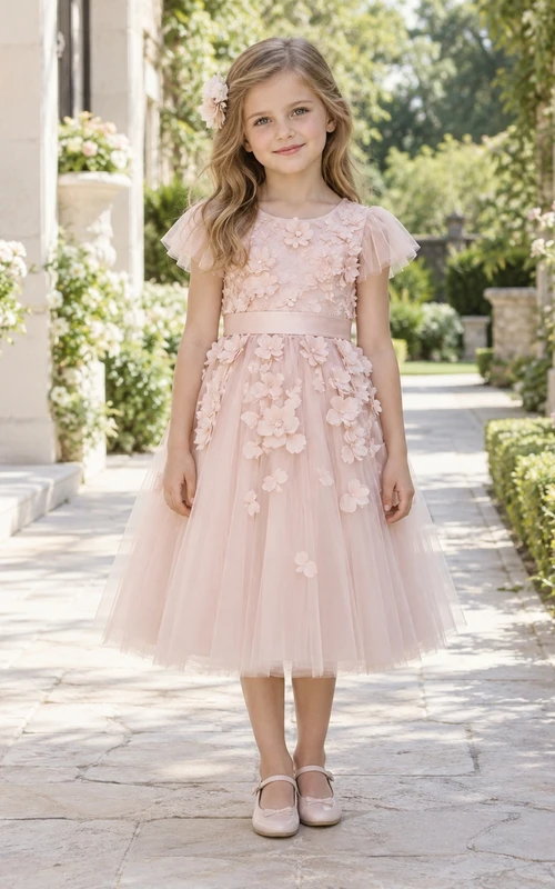 Tea-length Pearl Pink Flutter Sleeve Raised Floral Tulle A-line Flower Girl Dress