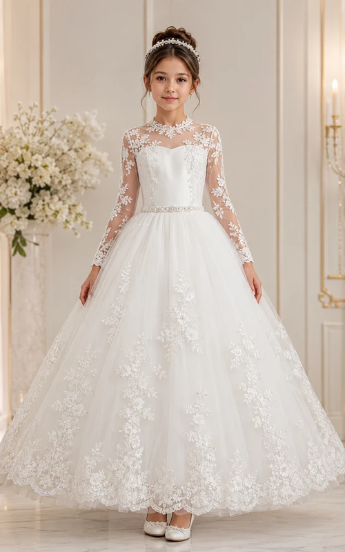 Robe de bal blanche de première communion à manches longues en dentelle illusion