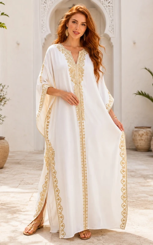 White Gold Chiffon Bell Sleeve V-Neck Split A-Line Floor Kaftan Dress