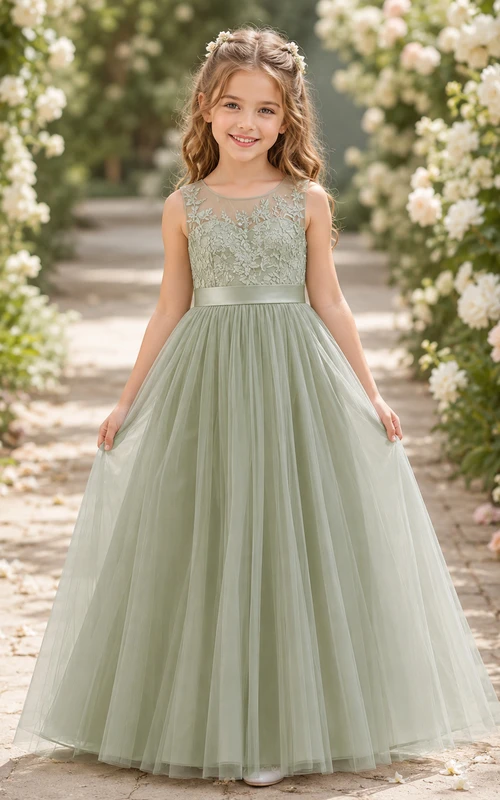Flower Girl Dress Sage Lace Tulle A-Line Jewel Neck Floor Length