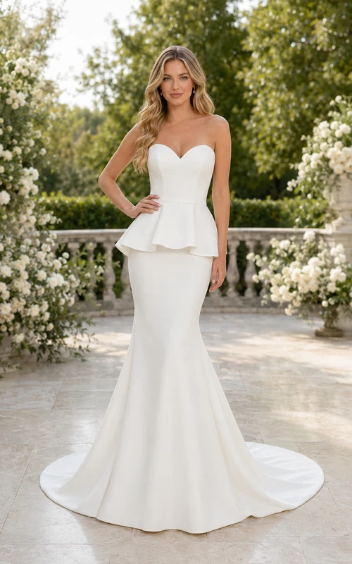 Trägerloses Meerjungfrauen-Brautkleid aus Satin mit Schößchen und Schleppe