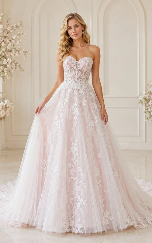 Romantisches Brautkleid in zartem Rosa: trägerloses A-Linien-Kleid mit herzförmigem Ausschnitt, Kapellenschleppe und Spitze