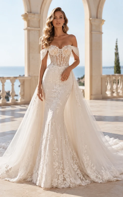 Robe de mariée sirène luxueuse en dentelle florale à épaules dénudées et manches courtes, ornée d'une traîne cathédrale festonnée, ornée d'une robe de mariée de luxe en dentelle florale à épaules dénudées et manches courtes.