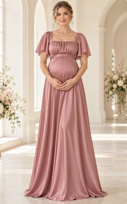 Vestido largo de dama de honor de satén color rosa empolvado con cuello cuadrado y mangas con volantes, corte imperio y escote cuadrado, estilo imperio.