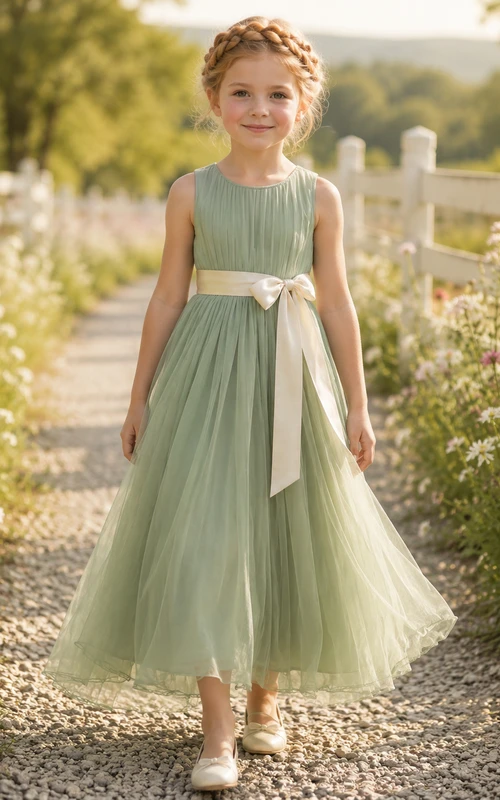 Flower Girl Dress Sage Tulle A-Line Jewel Neck Tea Length Bow Back