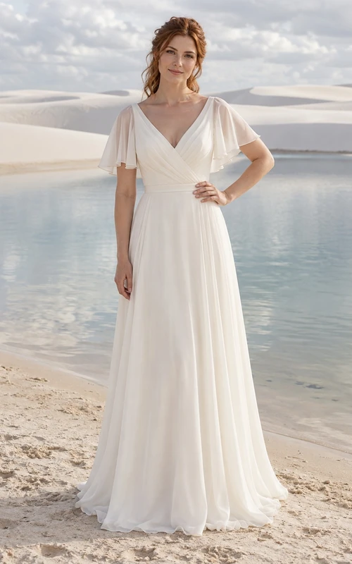 Brautkleid aus Chiffon mit V-Ausschnitt, flatternden Ärmeln, Wickeloberteil und A-Linien-Rock