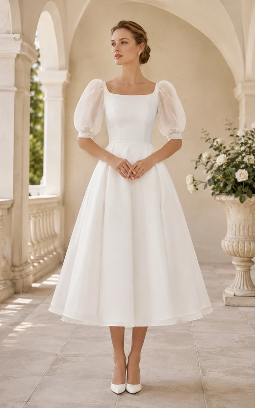 White Square Neck Three-Quarter Puff Sleeve Satin A-Line Midi Dress