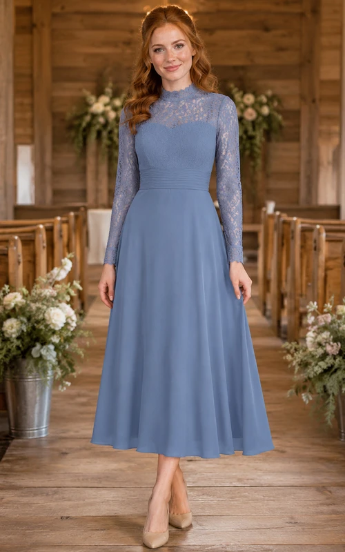 Robe midi à manches longues et empiècement en dentelle bleu poudré pour invitée religieuse