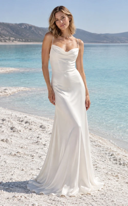 Vestido de novia sencillo de satén con escote drapeado, tirantes finos y espalda baja.