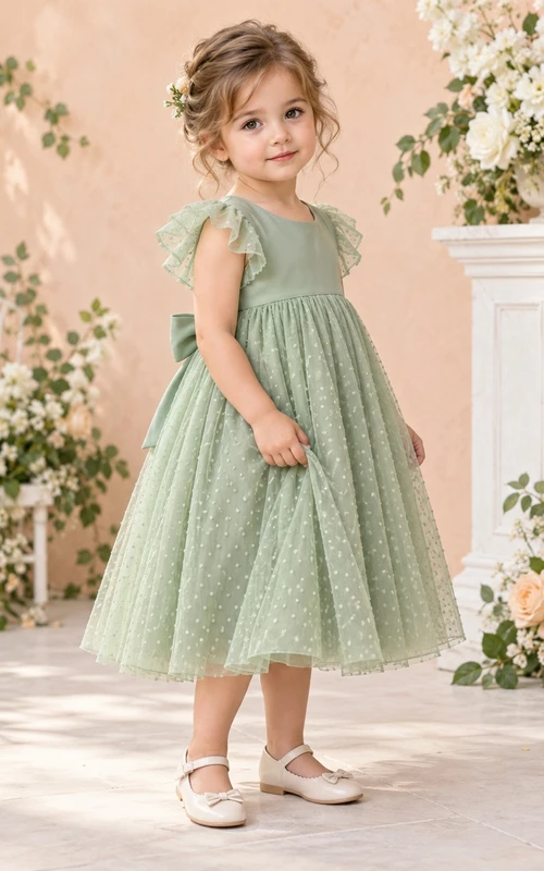 Teelanges, salbeigrünes A-Linien-Kleid aus Tüll mit Punkten, Volantärmeln, V-Ausschnitt am Rücken und Schleife am Rücken für Blumenmädchen