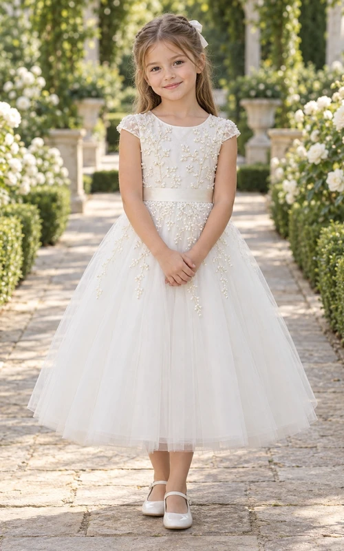 Vestido de niña de flores modesto, blanco, con estampado floral, corte en A, tul, mangas cortas y apliques.