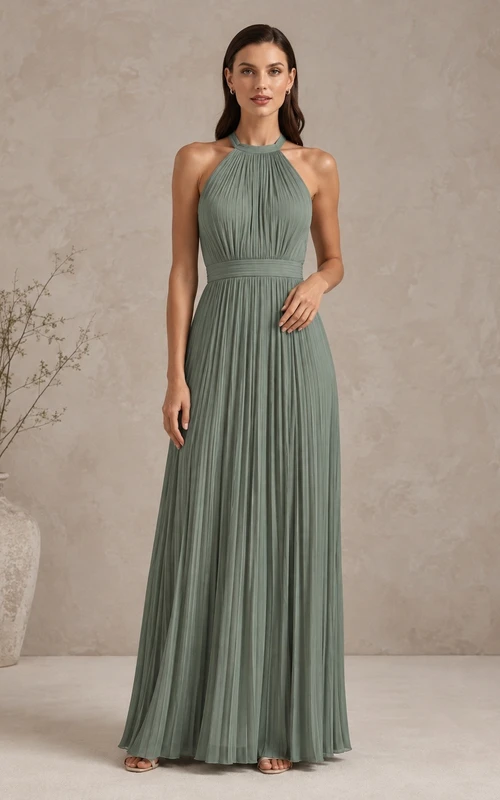 Dusty Green Chiffon Halter Pleated A-line Floor-length Dress