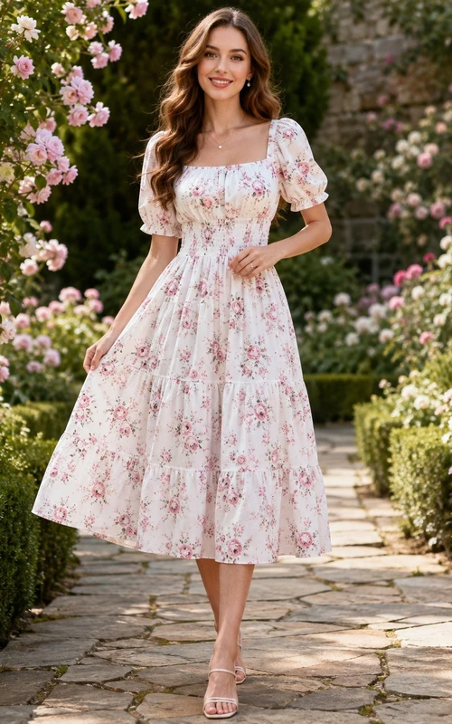 Teelanges weißes Blumen-Gartenkleid mit eckigem Ausschnitt und Puffärmeln