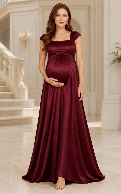 Umstandskleid aus burgunderrotem Satin mit eckigem Ausschnitt, bodenlang, elegant