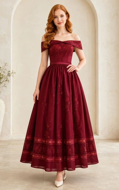 Burgunderfarbenes, schulterfreies, plissiertes A-Linien-Kleid mit Vintage-Blumenmuster in Teelänge