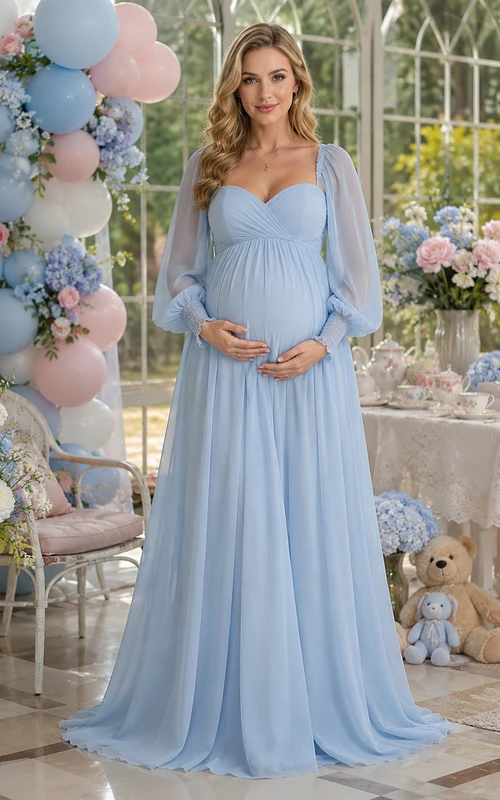 Hellblaues, langärmeliges Empire-Umstandskleid für Fotoshootings