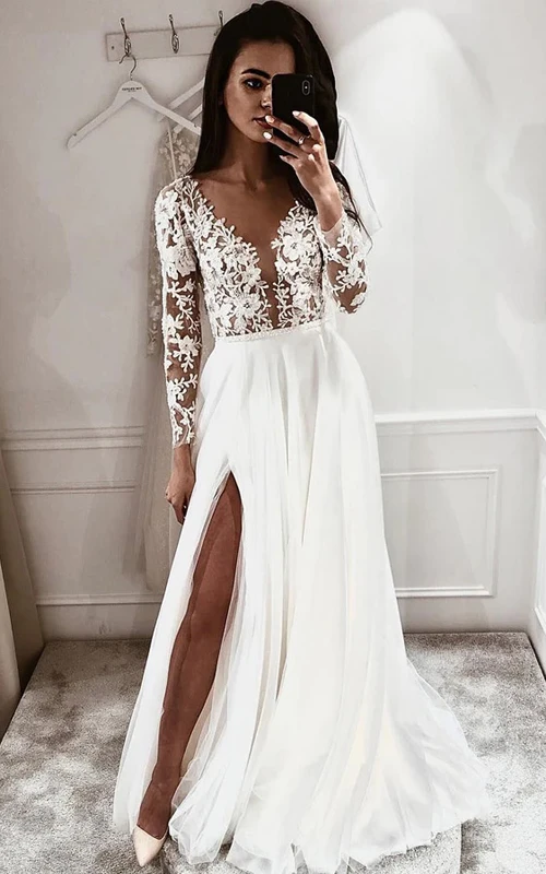 Brautkleid aus Spitze, langen Ärmeln, tiefem V-Ausschnitt, Empire-Stil, Chiffon und vorderem Schlitz