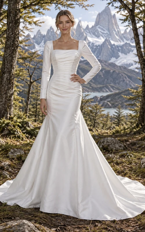 Vestido de novia de tafetán de manga larga con escote cuadrado, corpiño con pliegues y cola de sirena.