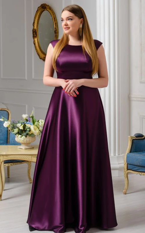 Vestido de noche moderno de satén, largo hasta el suelo, manga corta, corte en A, escote barco.