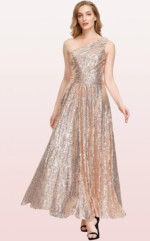 Vintage-Brautjungfernkleid mit One-Shoulder-Ausschnitt, A-Linie, ärmellos, knöchellang, Pailletten und Raffungen