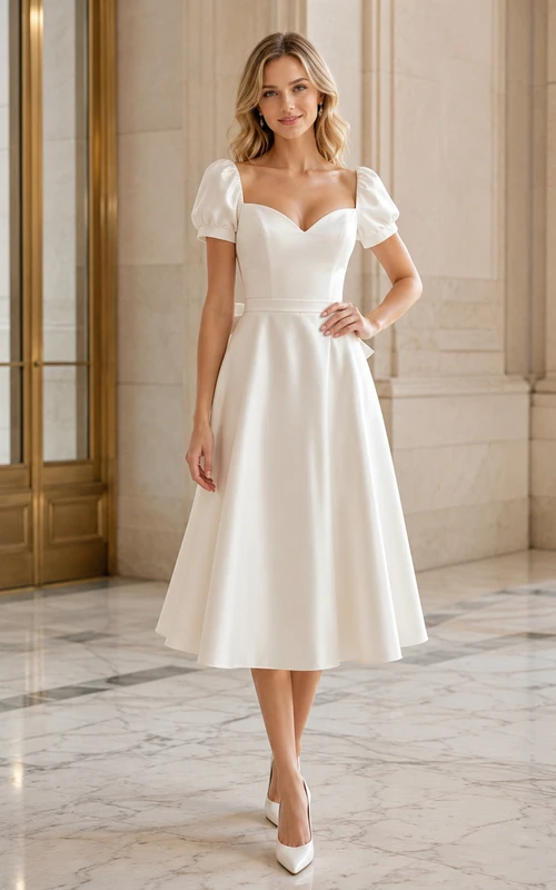 Courthouse Vintage Sweetheart Puff Sleeve Satin Bow Tea Length A-Line Wedding Dress