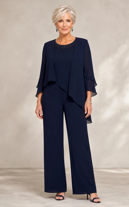 Dark Navy Mother Pantsuit with Asymmetric Chiffon Overlay and Wide Leg Pants