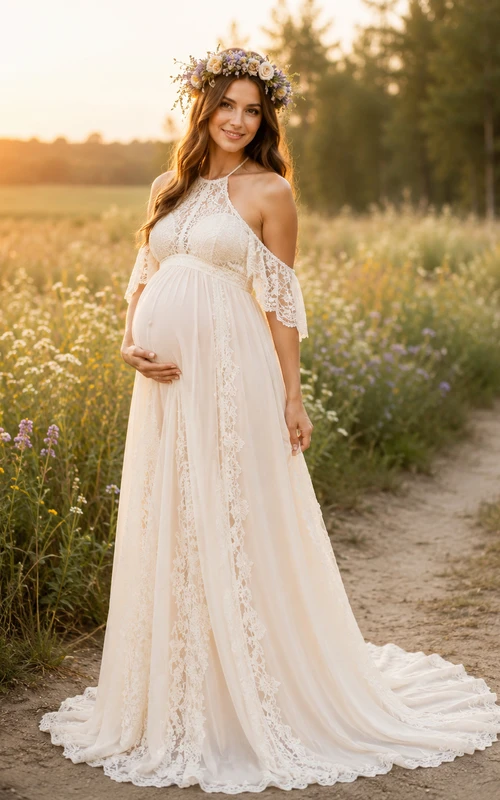 Maternity One Shoulder Lace Sleeve Country Wedding Dress
