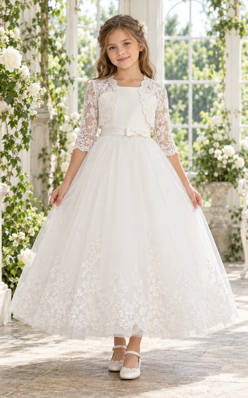 Vestido de niña de flores blanco de corte A, encaje y tul, largo hasta los tobillos, manga tres cuartos, estilo bolero, con lazo en la espalda.
