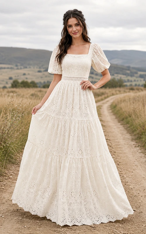 Country Lace Wedding Dress A-Line Square Neck Short Sleeve Sweep Train Bridal Gown