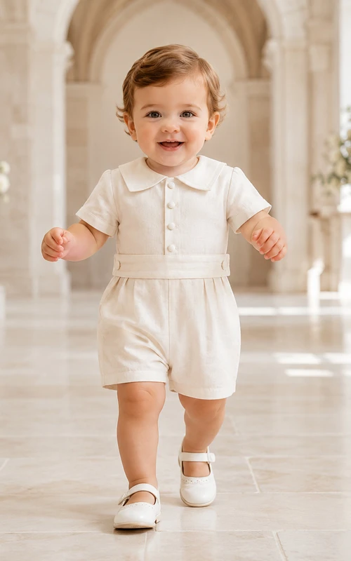 White Button Bib Peter Collar Short Sleeve Christening Romper for Baby Boy
