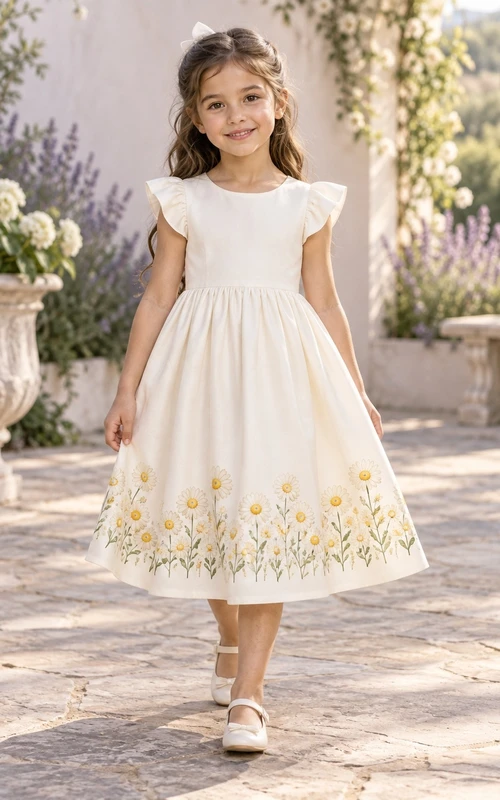 Schlichtes, dezentes elfenbeinfarbenes Teelängenkleid mit juwelenbesetzten, eckigen Volantärmeln, Gänseblümchenmuster und A-Linien-Schnitt.