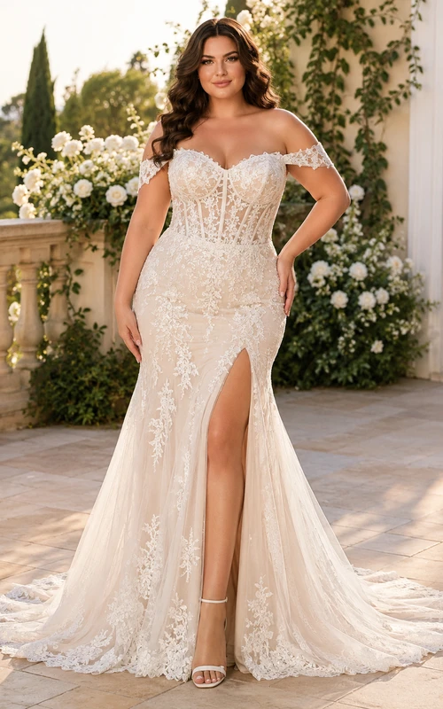 Robe de mariée sirène en dentelle et tulle, épaules dénudées, traîne et fente