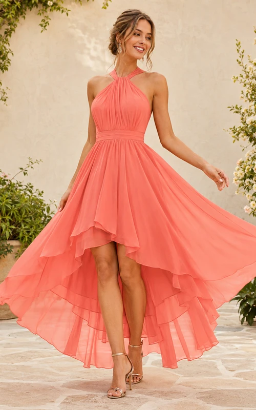 Coral Halter Chiffon Pleated Ruffled High-Low A-Line Garden Dress Modern