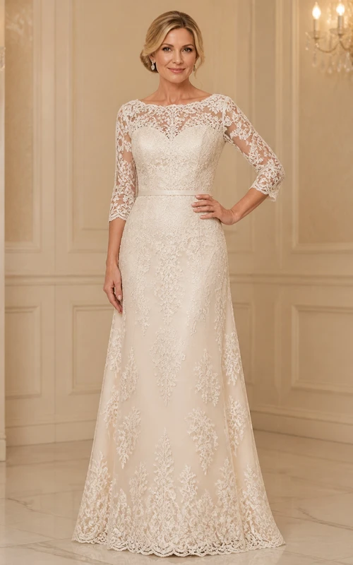 Robe de mariée sobre en dentelle, coupe trapèze, manches trois-quarts, longueur au sol, ourlet bateau, ourlet festonné et manches trois-quarts.