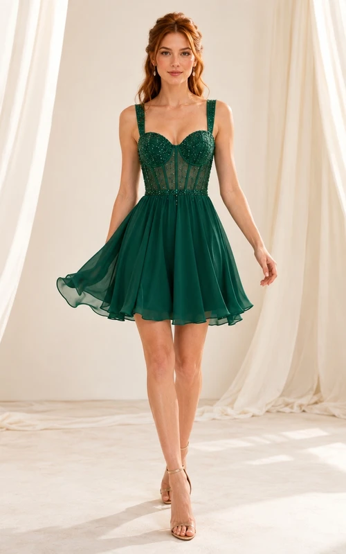Robe de cocktail courte trapèze en mousseline émeraude à décolleté cœur et perles, ornée de bretelles, coupe équilibrée.