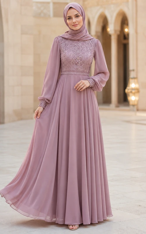 Schlichtes Vintage-Abendkleid aus mauvefarbenem Chiffon mit hohem Kragen, langen Puffärmeln, Perlenbesatz und A-Linien-Schnitt, bodenlang, mit Hijab-Abendkleid