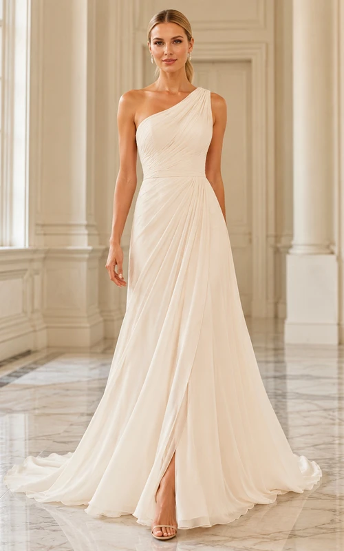 Robe de mariée moderne en mousseline de soie à une épaule, fendue sur le devant et avec traîne.