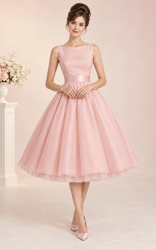 Robe de bal années 60, longueur thé, bustier bateau en satin rose poudré, coupe trapèze en tulle