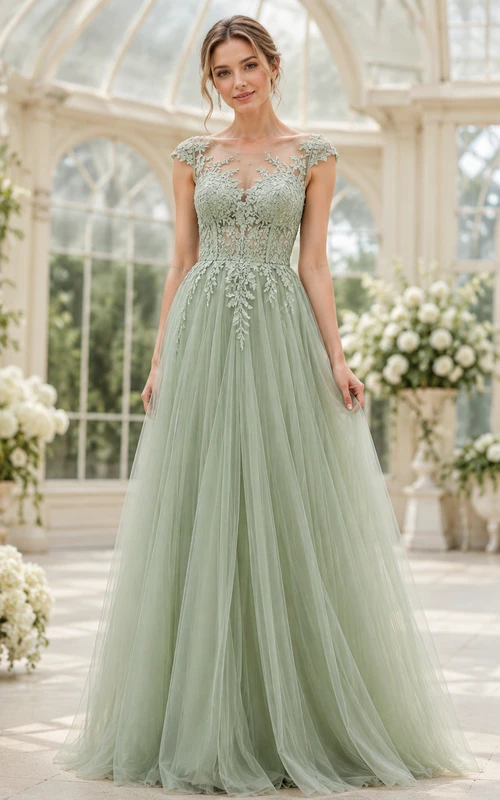Celadon Bateau Sweetheart Illusion-Lace Beaded Tulle A-Line Bridesmaid Gown Garden