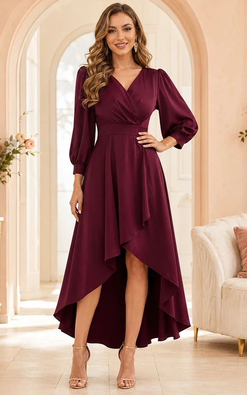 Vestido formal de satén burdeos de corte A con escote en V y mangas largas asimétricas
