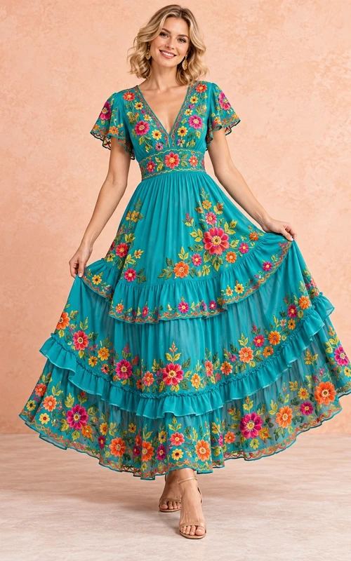 Cumbia Turquoise V Neck Multicolor Floral Embroidered Ruffled Folk Dress