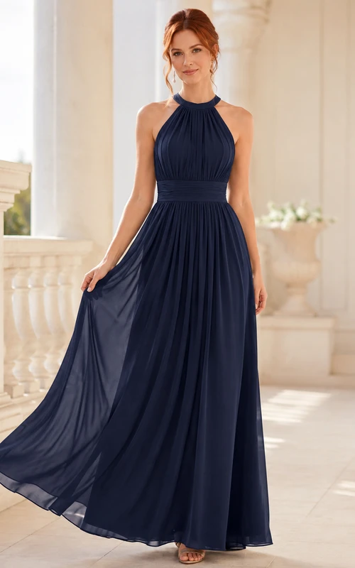 Dark Navy Formal Black Tie Wedding Guest Bridesmaid Evening Formal Dress A-Line Floor-Length Halter High Neck Sleeveless Chiffon Strappy Back