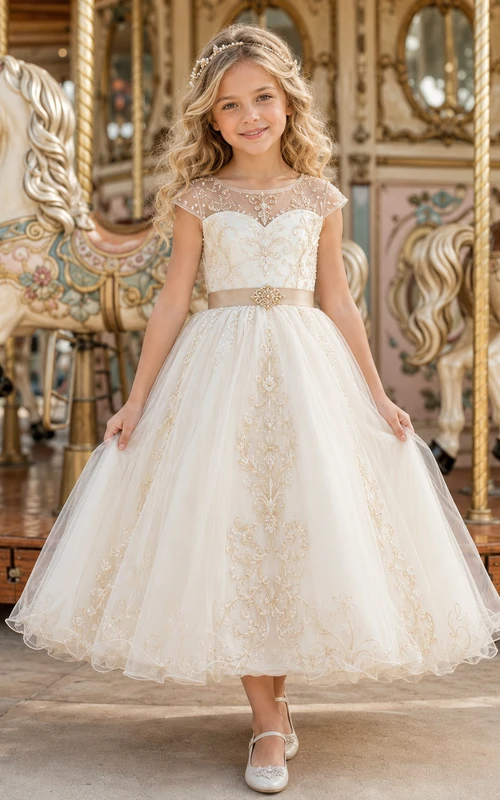 Vestido de niña de las flores color marfil con mangas cortas transparentes, corpiño con escote corazón, falda de tul en línea A hasta la rodilla y lazo bordado dorado en la cintura.