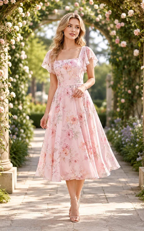 Pink Floral Puff Sleeve Spring Occasion Midi Dress