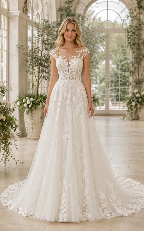 Lace Tulle Wedding Dress A-Line V-Neck Sleeveless Sweep Train Low V Back Bridal Gown