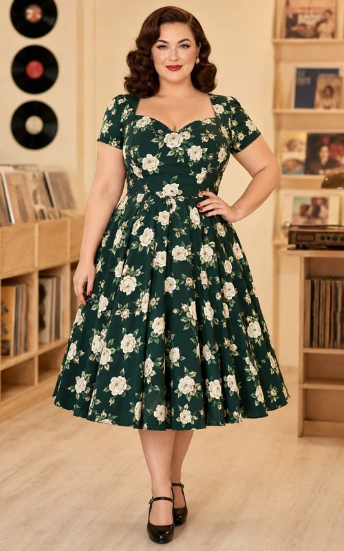 Green Floral Print V-Neck Short Sleeve Knee Length Vintage Dress