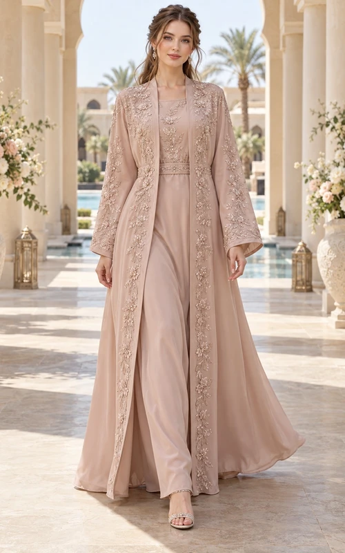 Robe de mariée abaya modeste à manches longues rose poudré brodée de fleurs