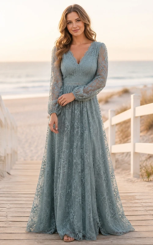 Modest Steel Grey V-neck Long Sleeve A-line Lace Formal Dress